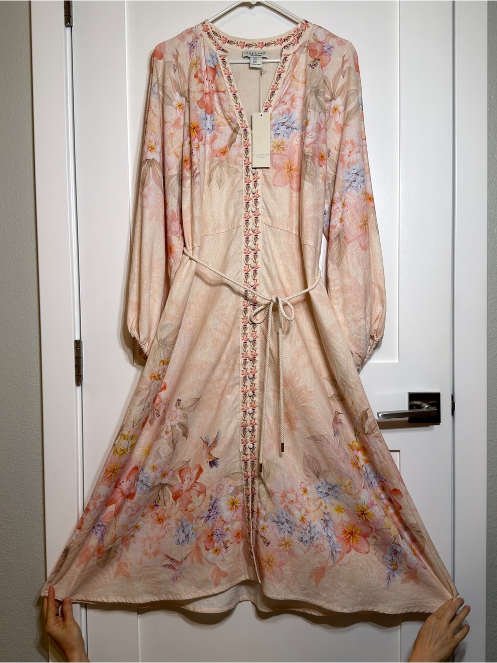 Calypso St. Barth XL Floral Maxi Linen Blend Lined Belted V-Neck Dress NWT